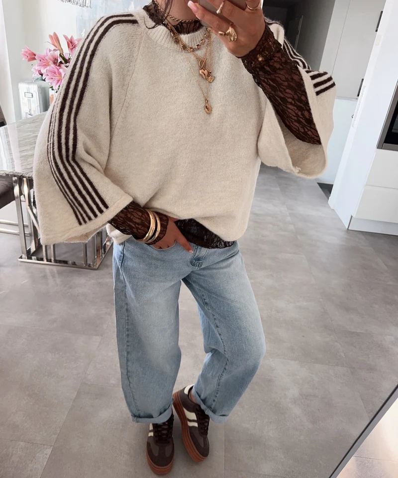 Kurzarm Pullover Toni Streifen Beige