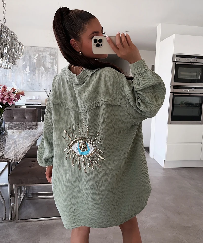 Ultra Oversize Musselin Bluse Glitzer Auge Khaki